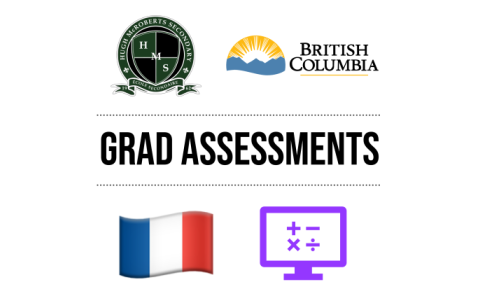 text reading "GRAD ASSESSMENTS" between the McRoberts school crest, the logo of the province of BC, a French flag, and an icon of a monitor showing mathematical symbols